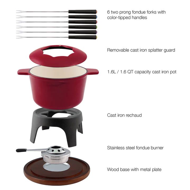 Ensemble de fondue de fonte émaillée 12 mcx - Rouge cerise