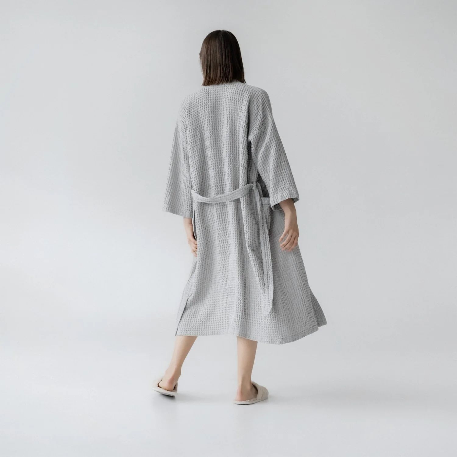 Robe de chambre gaufrée GRIS CLAIR  lin coton PETIT-MÉDIUM