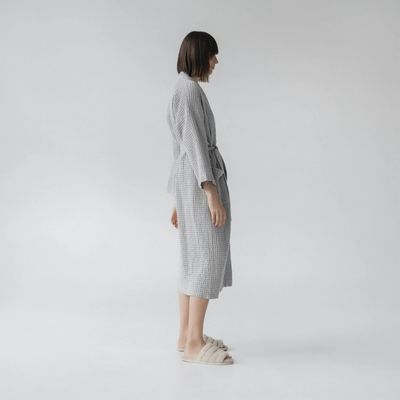 Robe de chambre gaufrée GRIS CLAIR  lin coton PETIT-MÉDIUM