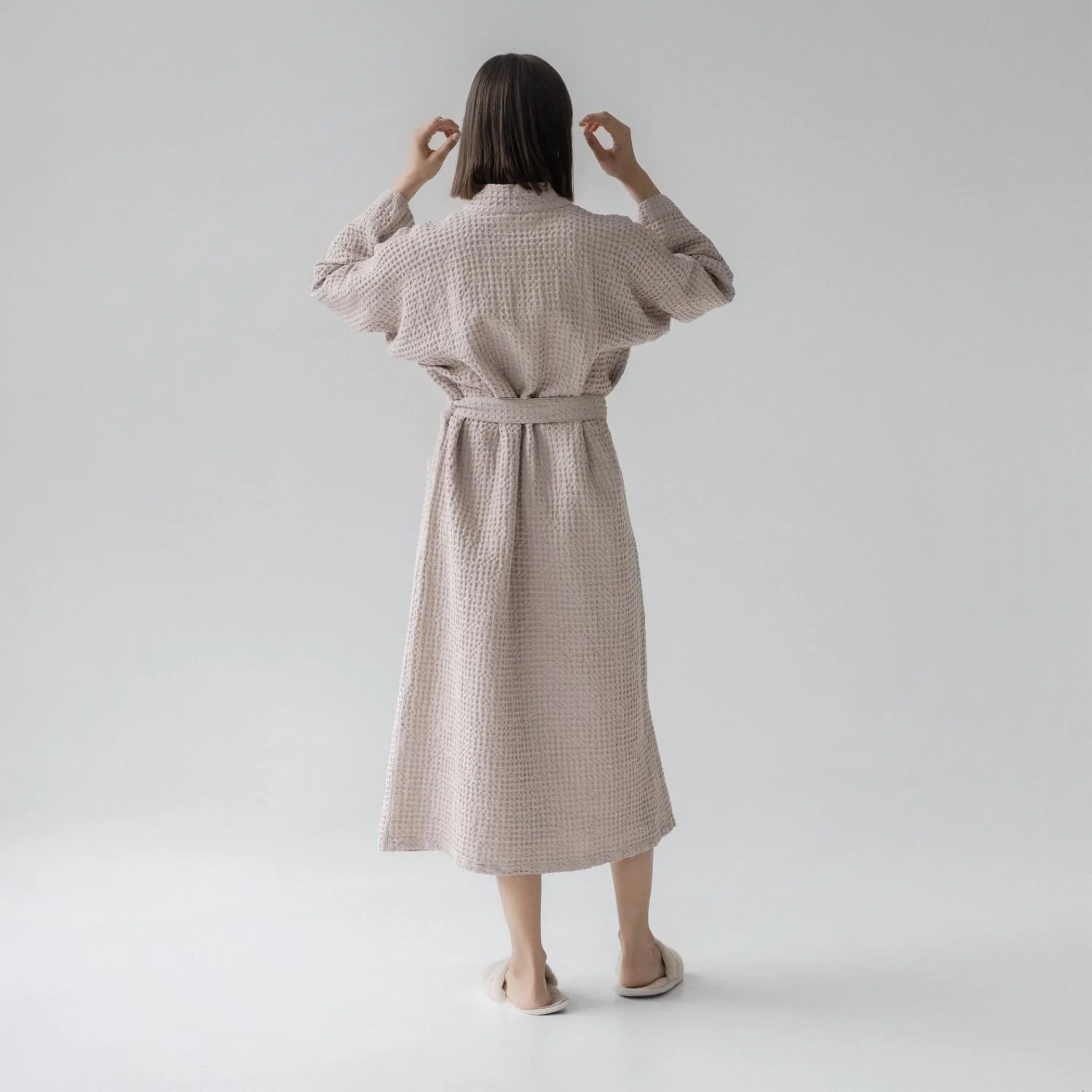 Robe de chambre gaufrée lin coton ROSE POUDRE PETITE-MÉDIUM