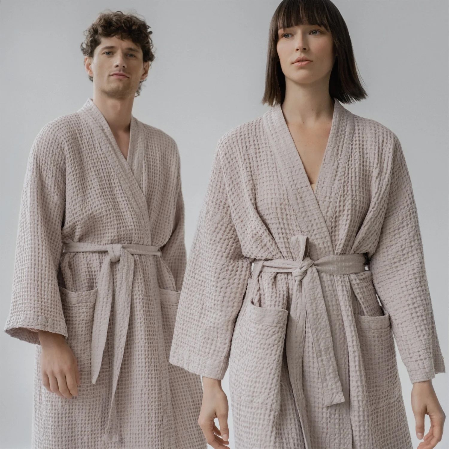 Robe de chambre gaufrée lin coton ROSE POUDRE PETITE-MÉDIUM