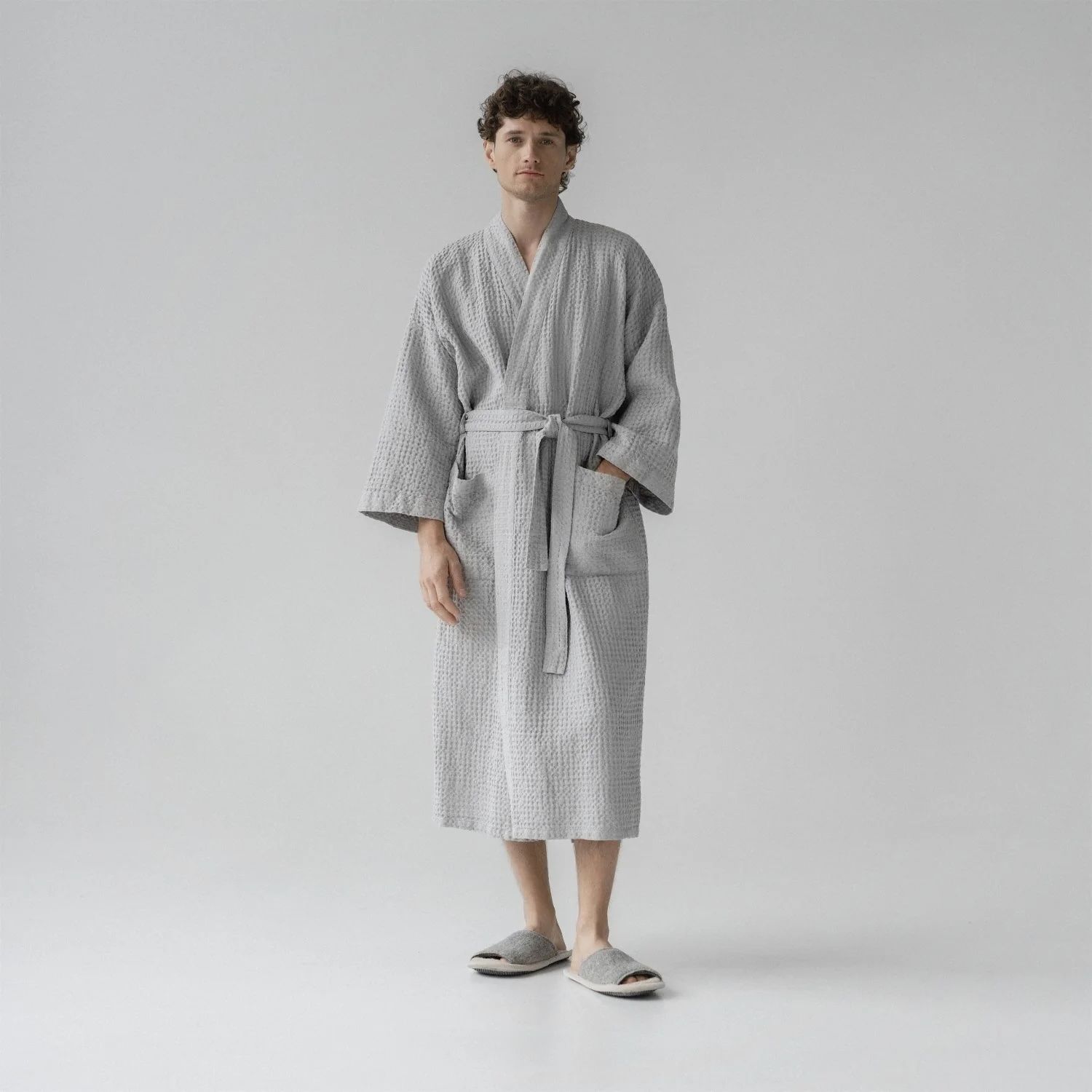 Robe de chambre gaufrée GRIS CLAIR  lin coton PETIT-MÉDIUM