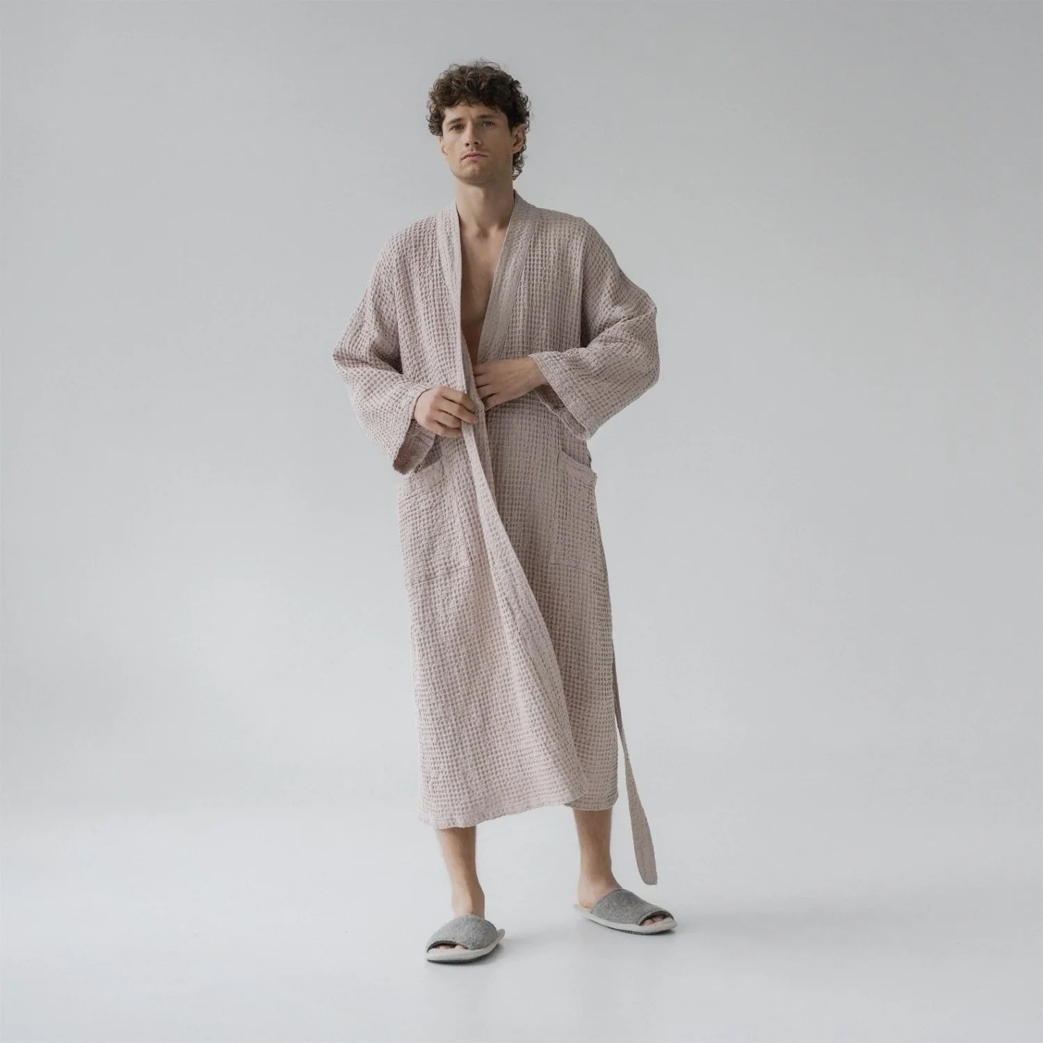 Robe de chambre gaufrée lin coton ROSE POUDRE PETITE-MÉDIUM