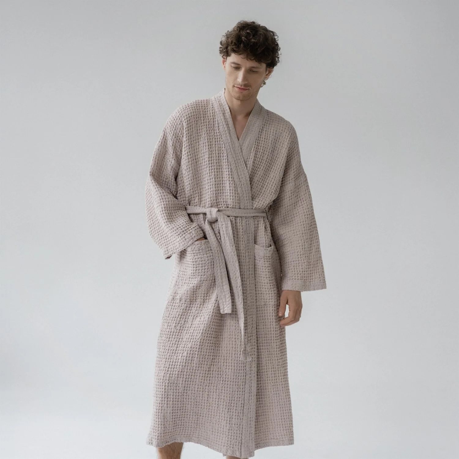 Robe de chambre gaufrée lin coton ROSE POUDRE PETITE-MÉDIUM