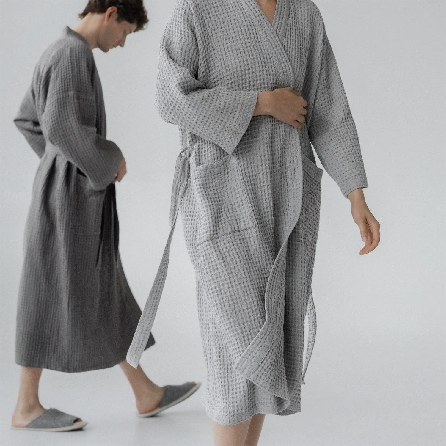 Robe de chambre gaufrée GRIS CLAIR  lin coton PETIT-MÉDIUM