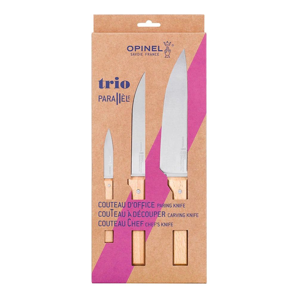 Trio Parallèle d&#39;Opinel : couteau de CHEF, couteau à découper &amp; couteau d&#39;office (Fr)