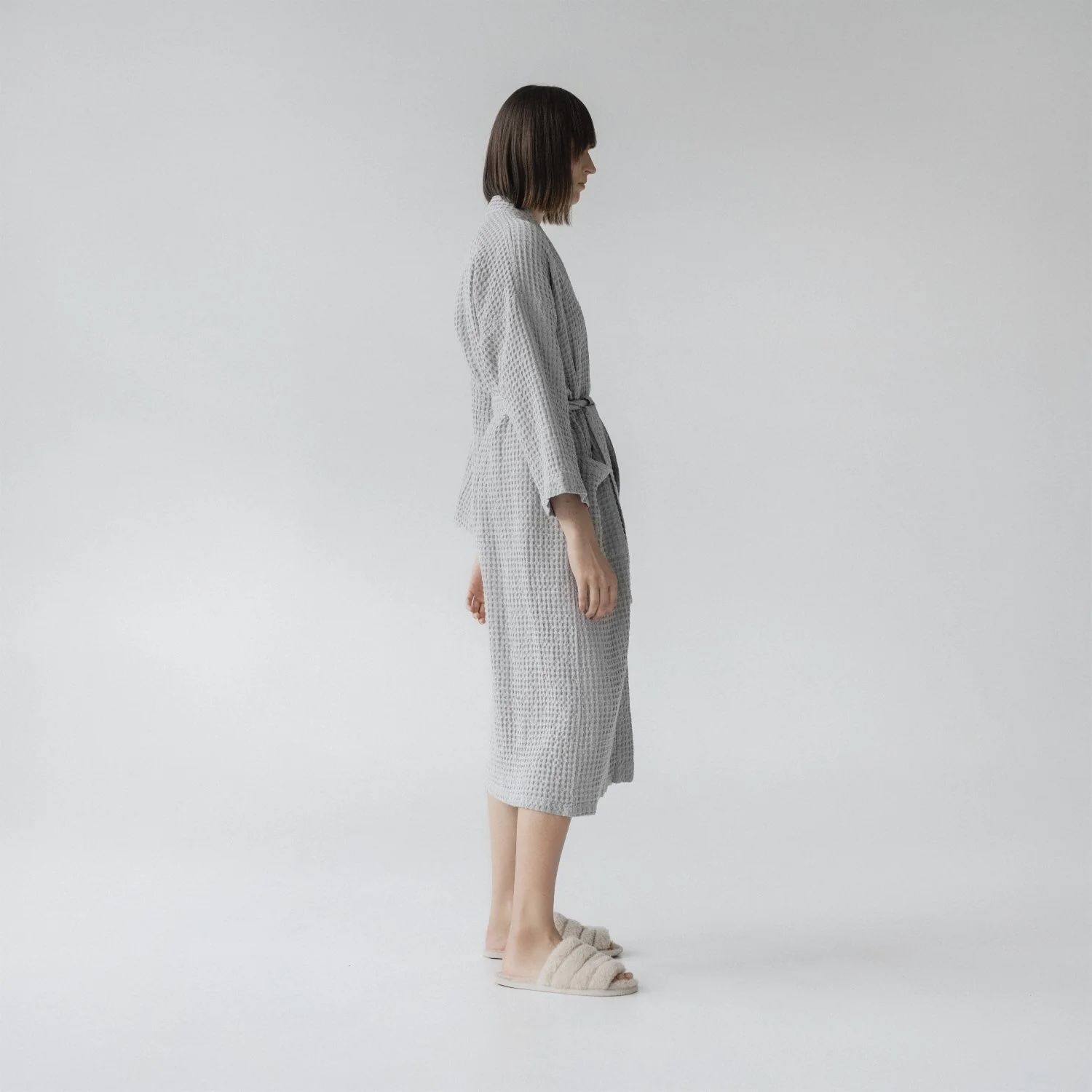 Robe de chambre gaufrée GRIS CLAIR  lin coton PETIT-MÉDIUM