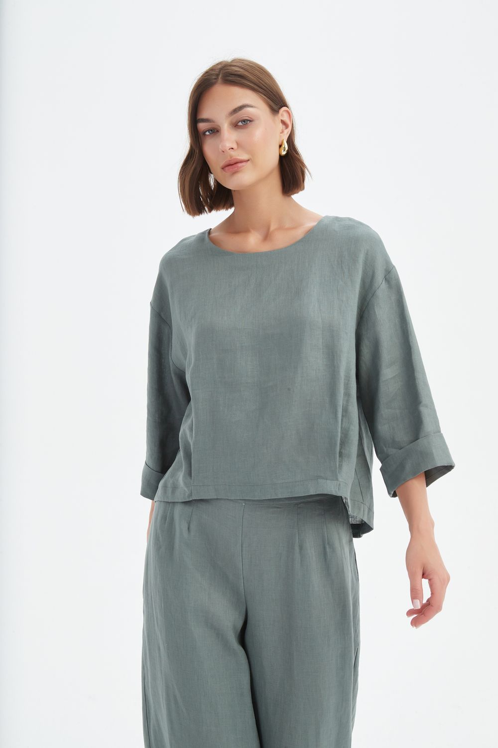 Haut à ourlet plissé en 100 % lin français «petrol»