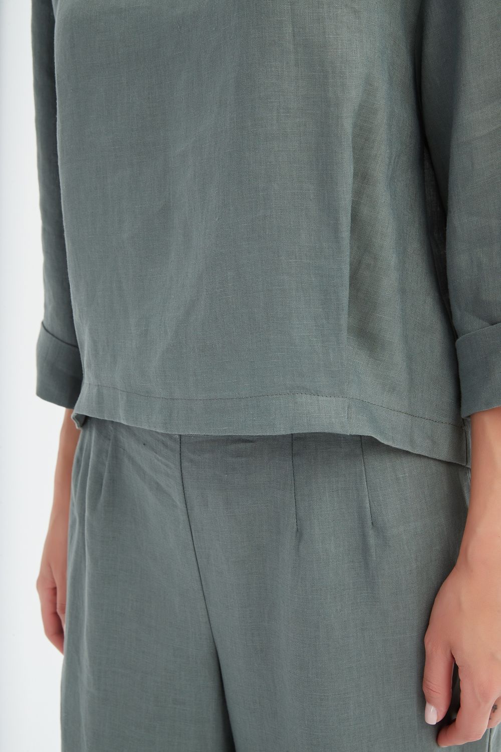 Haut à ourlet plissé en 100 % lin français «petrol»