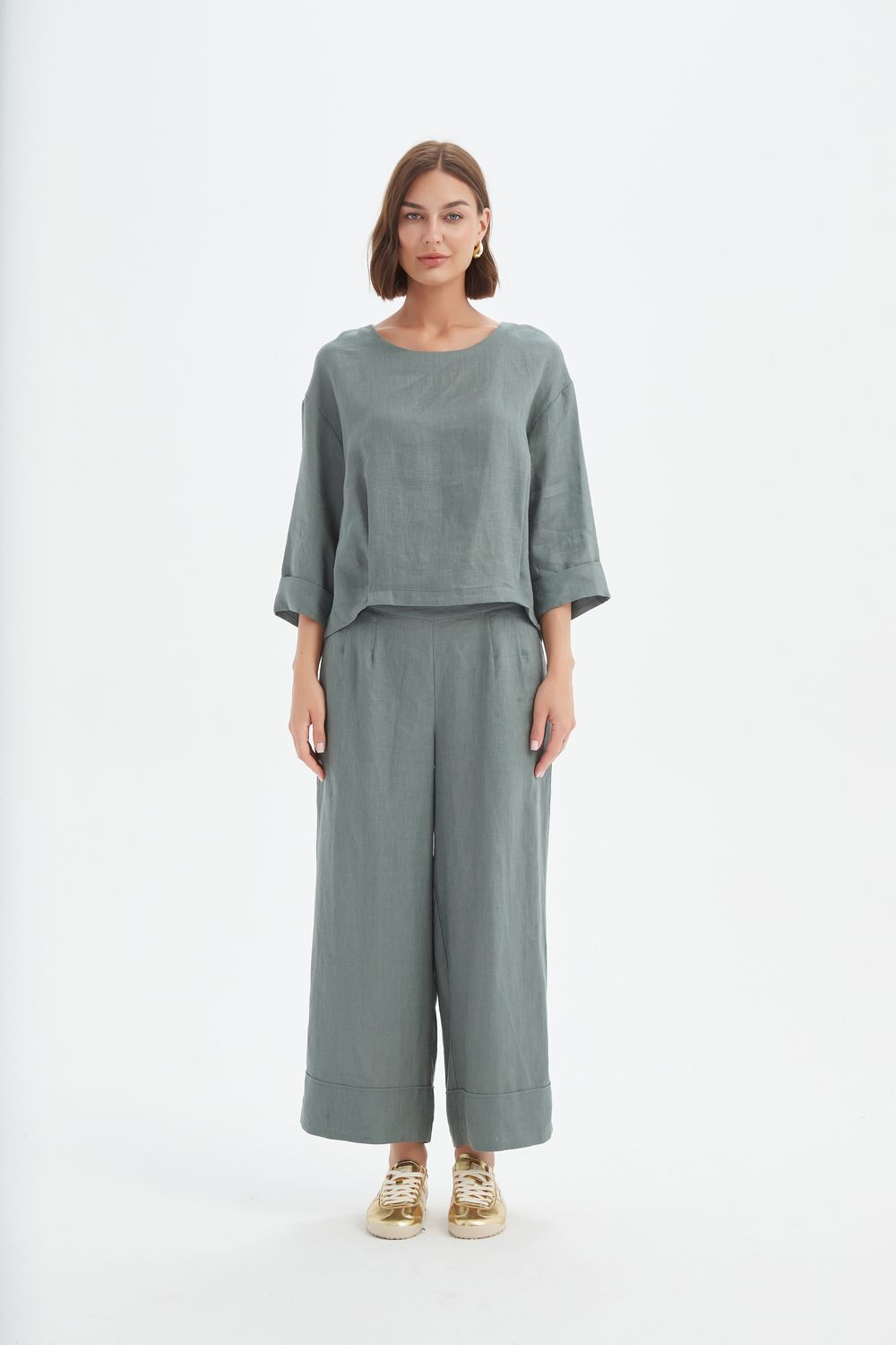 Haut à ourlet plissé en 100 % lin français «petrol»