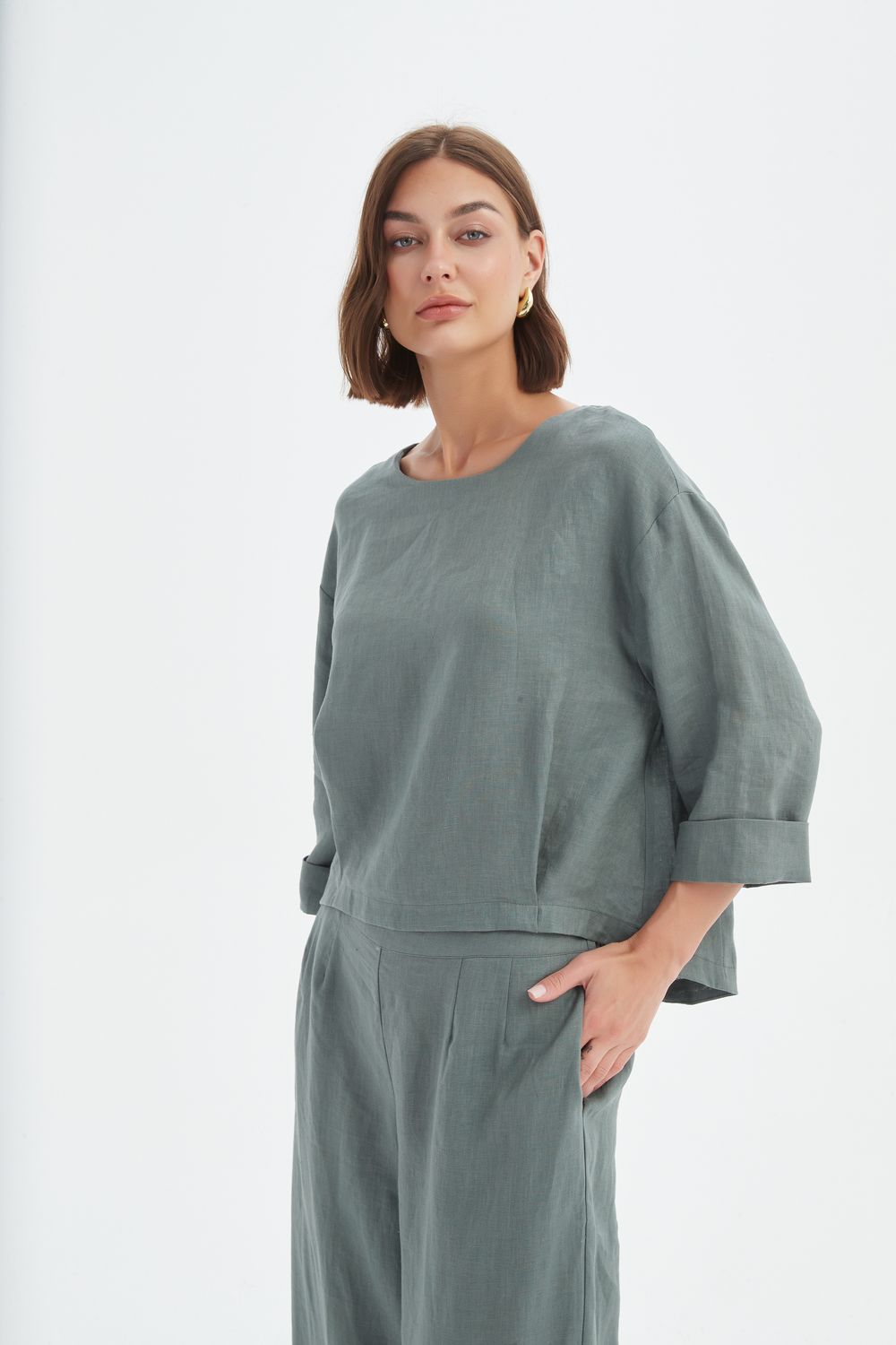 Haut à ourlet plissé en 100 % lin français «petrol»