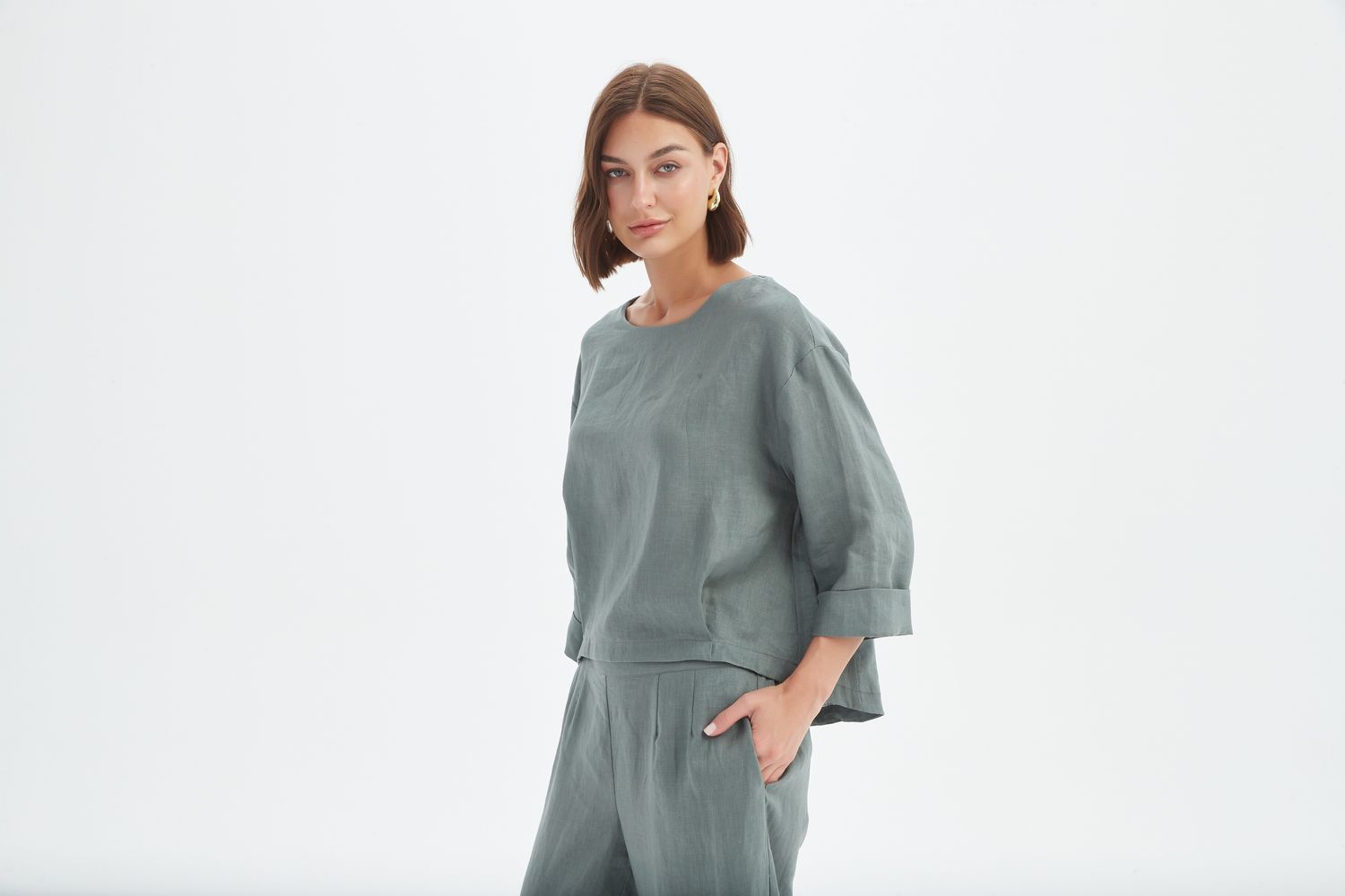 Haut à ourlet plissé en 100 % lin français «petrol»