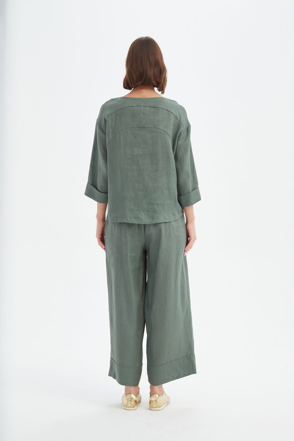 Haut à ourlet plissé en 100 % lin français «petrol»