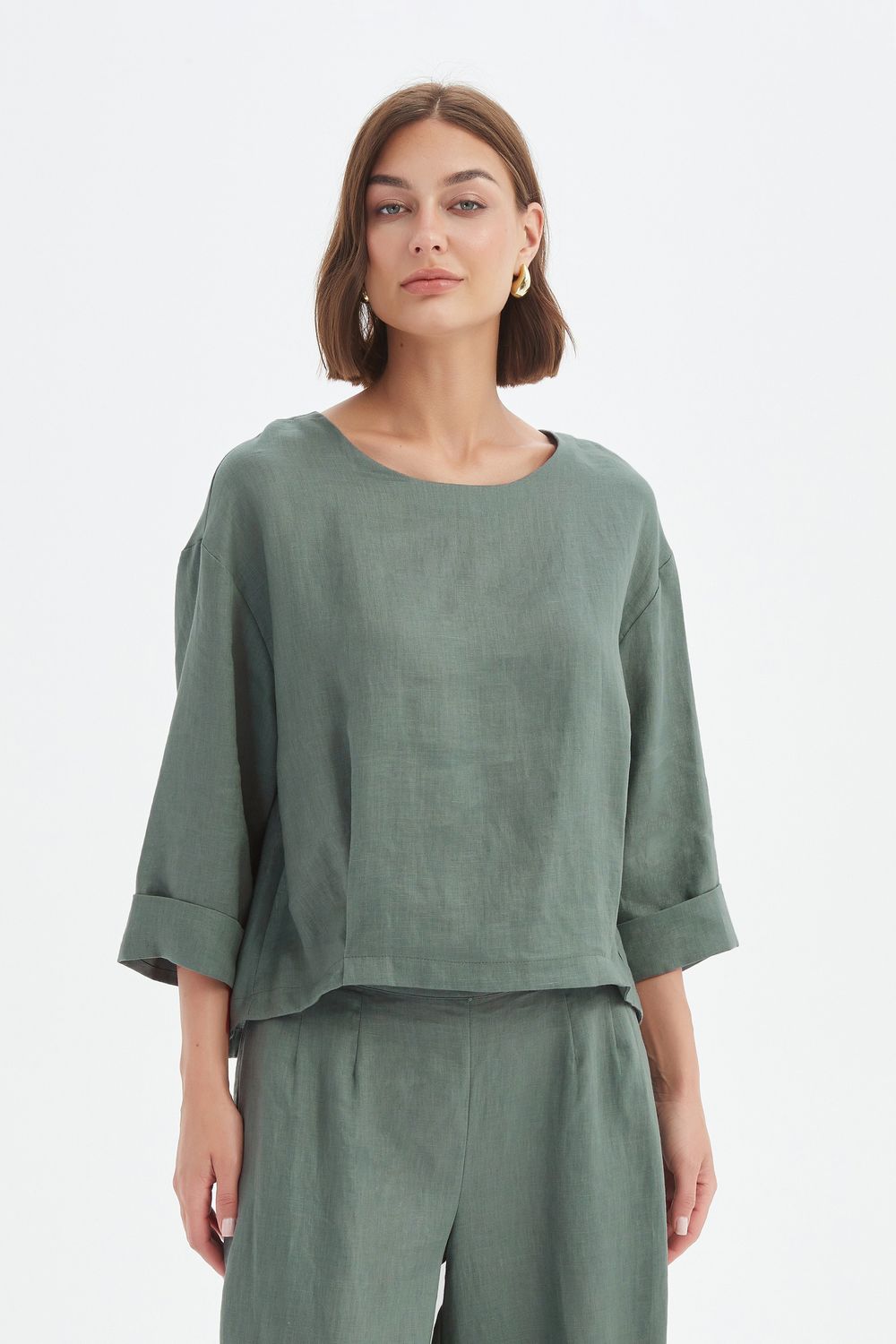 Haut à ourlet plissé en 100 % lin français «petrol»