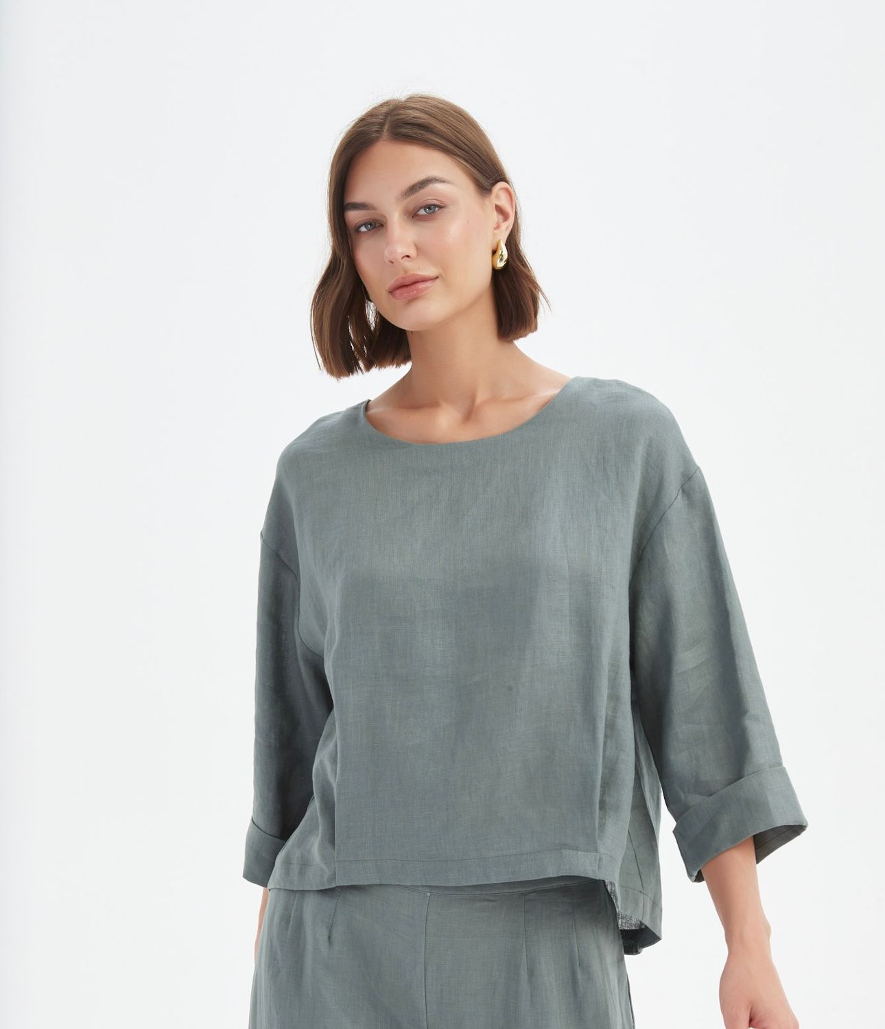 Haut à ourlet plissé en 100 % lin français «petrol»
