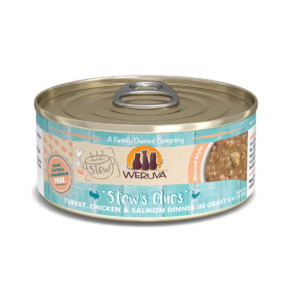 Weruva Stew&#39;s Clues Turkey, Chicken and Salmon in Gravy Canned Cat Food 5.5 oz