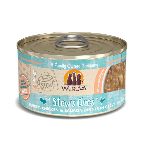 Weruva Stew&#39;s Clues Turkey, Chicken and Salmon in Gravy Canned Cat Food 2.8 oz
