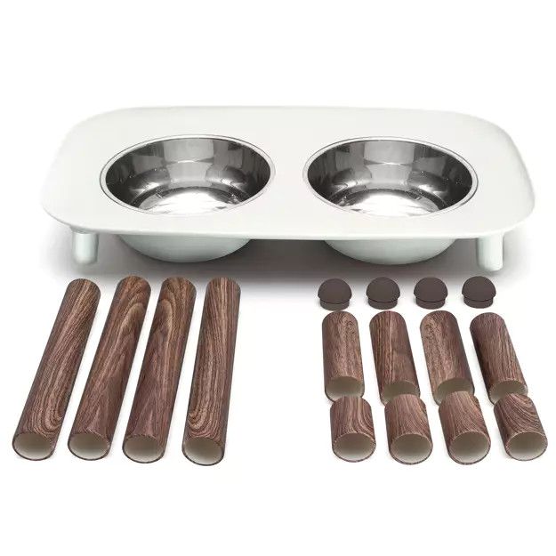 Messy Mutts Raised Dbl Feeder w/ Stainless Bowls 3&quot; to 10&quot;, Light Grey/Wood