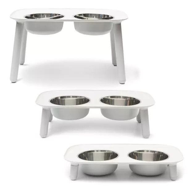 Messy Mutts Raised Dbl Feeder w/ Stainless Bowls 3&quot; to 10&quot;, Light Grey