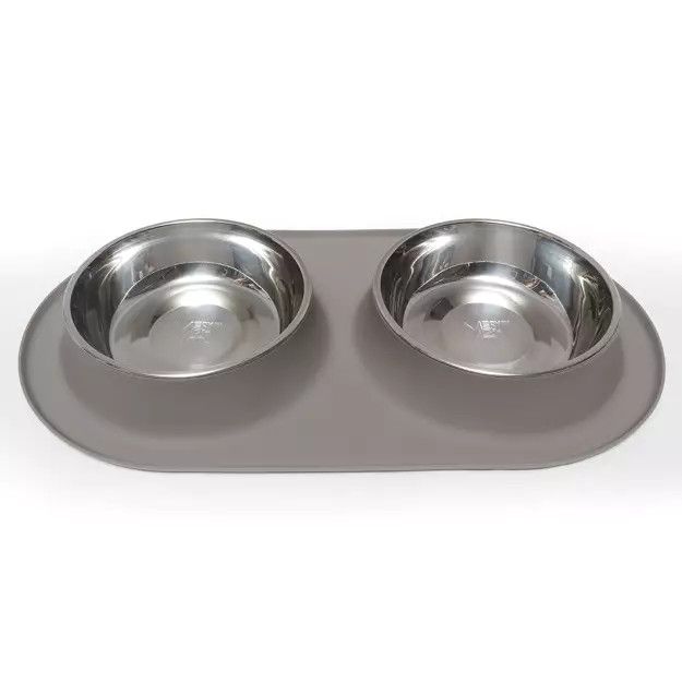 Messy Mutts Dbl Silicone Feeder With Stainless Bowls 1.5 Cups, Med, Grey