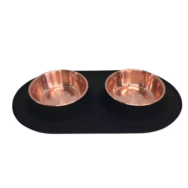 Messy Mutts Dbl Silicone Feeder w/ Copper Stainless Bowls 3 Cups, Lrg, Black