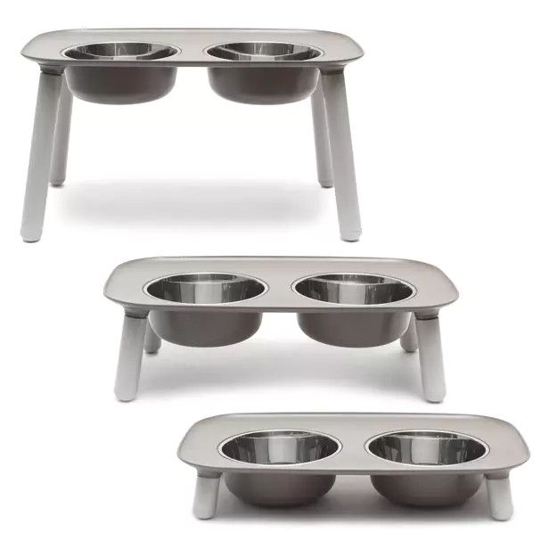Messy Mutts Raised Dbl Feeder w/ Stainless Bowls 3&quot; to 10&quot;, Dark Grey