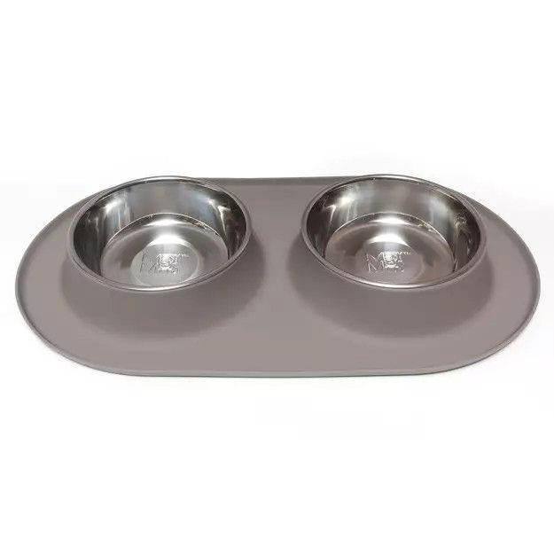 Messy Mutts Dbl Silicone Feeder With Stainless Bowls 6 Cups, XL, Grey