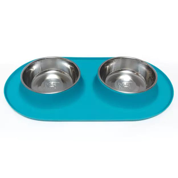 Messy Mutts Dbl Silicone Feeder With Stainless Bowls 3 Cups, Lrg, Blue