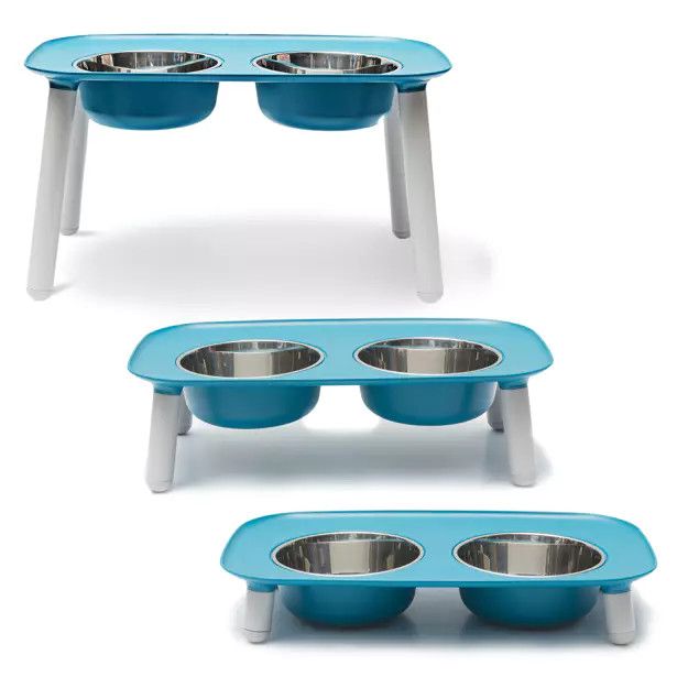 Messy Mutts Raised Dbl Feeder w/ Stainless Bowls 3&quot; to 10&quot;, Blue