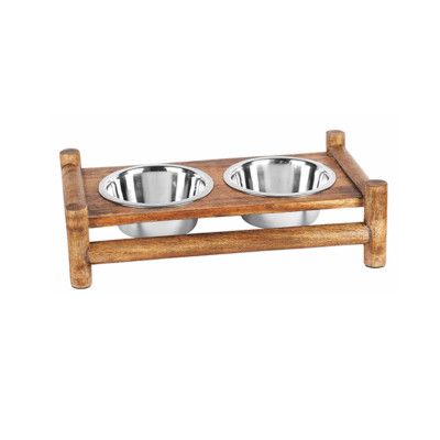Wooden Log Cabin Double Dinner With Stainless Steel Bowl Large