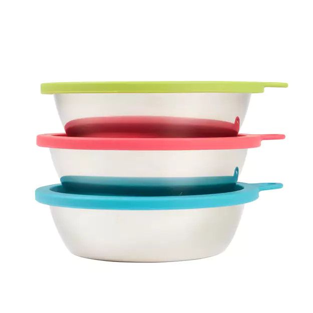Messy Mutts 6pc Set 3 Stainless Bowls And Lids, Med (Blue, Green, Watermelon)