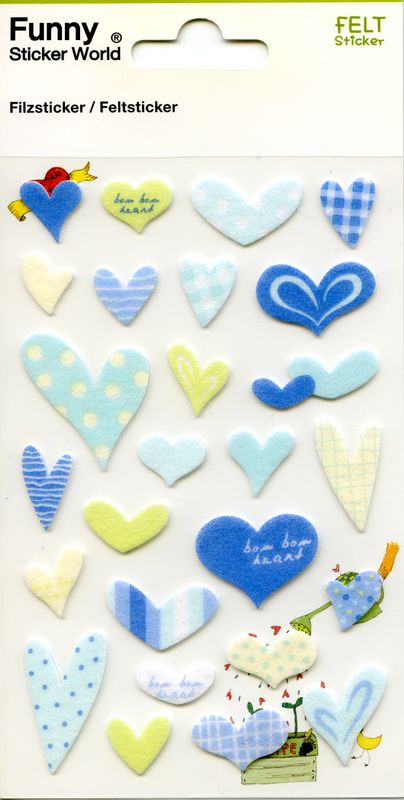 Klistremerker av filt - Hjerter blå