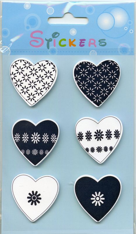 Klistremerker av tre - Hjerter svart/hvit