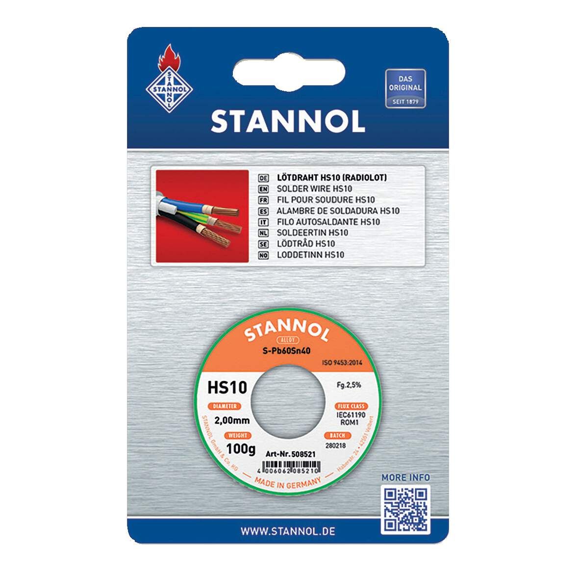 STANNOL Lötdraht HS10 Radiolot, DM 2,0 mm, 100g SB, Sn99Cu1