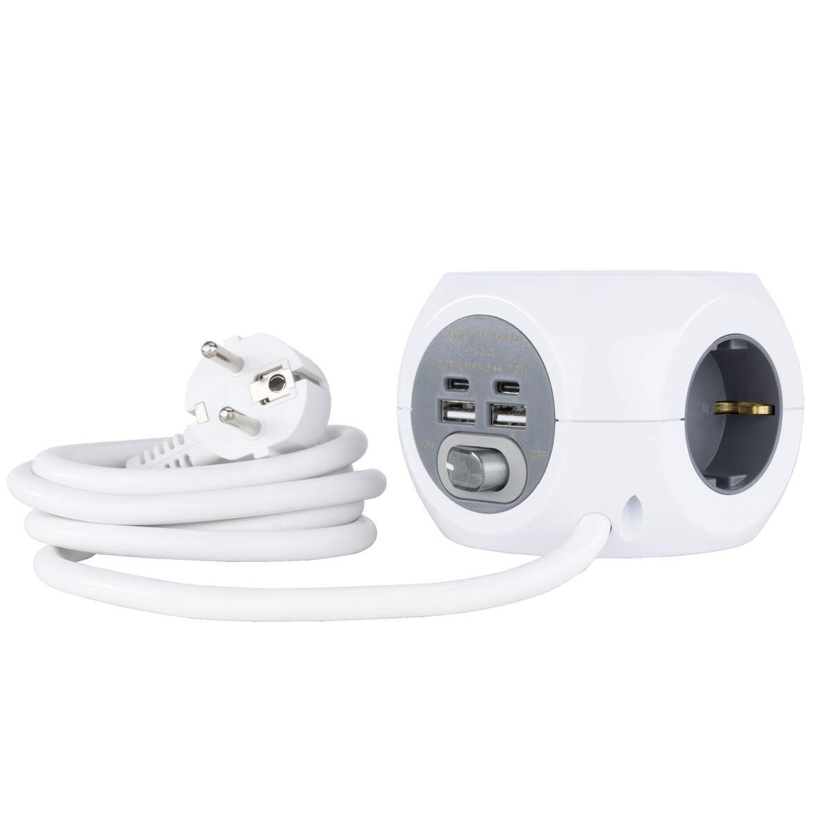 REV Steckdosenwürfel 3-fach mit 2x USB-A, USB-C, Induktion, 1,4m