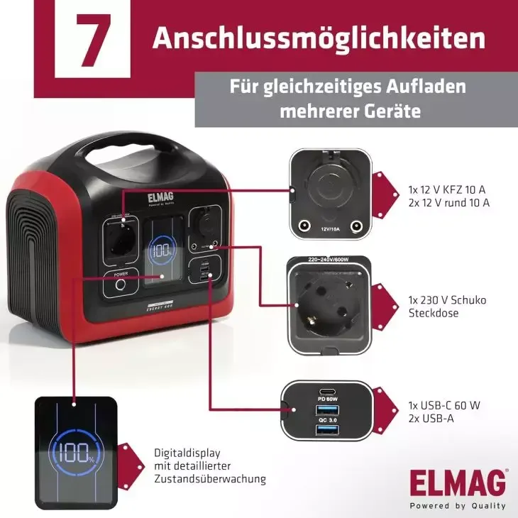 ELMAG Powerstation ENERGY 600 600W, LiFEPO4 Akku mit 595Wh