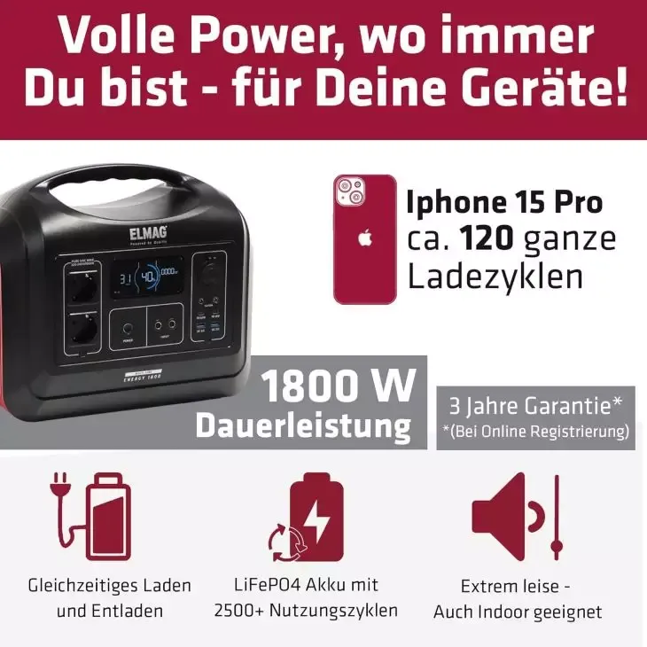 ELMAG Powerstation ENERGY 1800 1800W, LiFEPO4 Akku mit 1480Wh