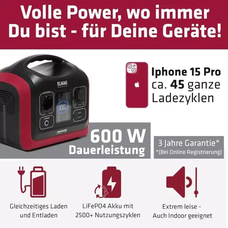 ELMAG Powerstation ENERGY 600 600W, LiFEPO4 Akku mit 595Wh