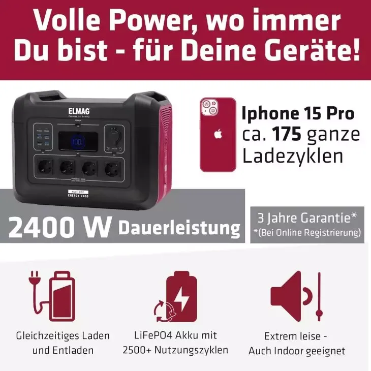 ELMAG Powerstation ENERGY 2400 2400W, LiFEPO4 Akku mit 2232Wh