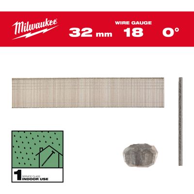 MILWAUKEE 1,05 x 1,25 x 32 mm verzinkt, 0° Stauchkopf-Nägel 18 Gauge für M18FN18GS &amp; M18CN18GS