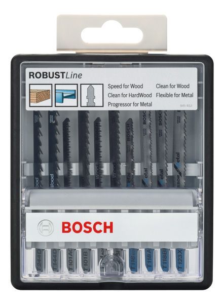 BOSCH 10-tlg. Stichsägeblatt-Set Wood and Metal, Robust Line, T-Schaft