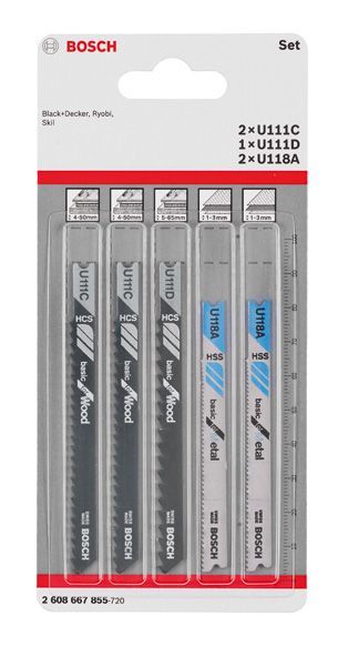 BOSCH 5-tlg. Stichsägeblatt-Set Wood and Metal, U-Schaft U 111 C, U 111 D, U 118 A