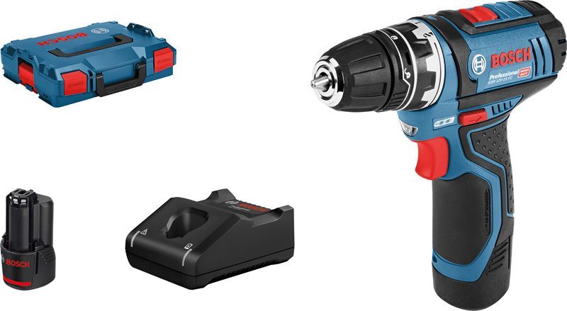 BOSCH Akku-Bohrschrauber GSR 12V-15 FC, mit 2 x 2.0 Ah Akku, L-BOXX, 1 Aufsatz