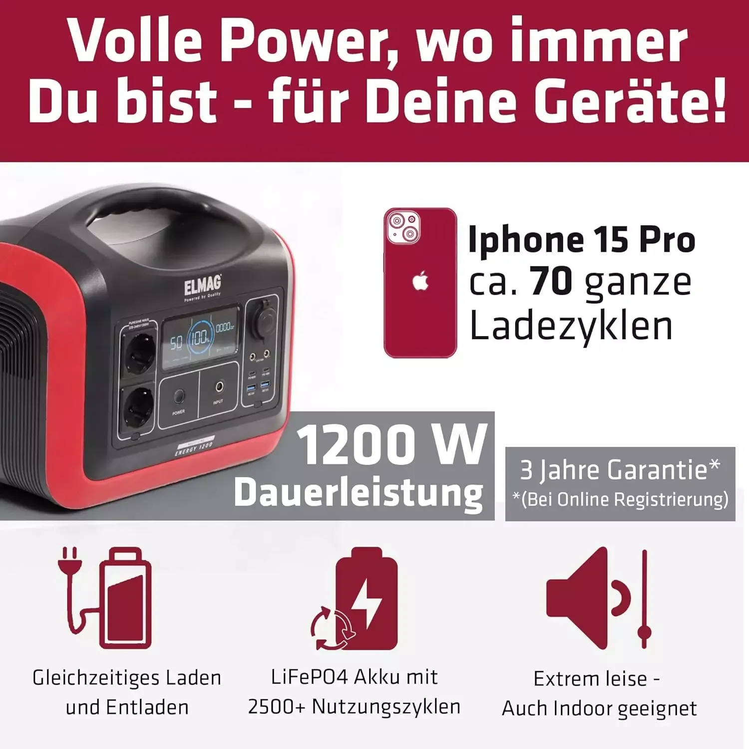 ELMAG Powerstation ENERGY 1200 1200W, LiFEPO4 Akku mit 992Wh