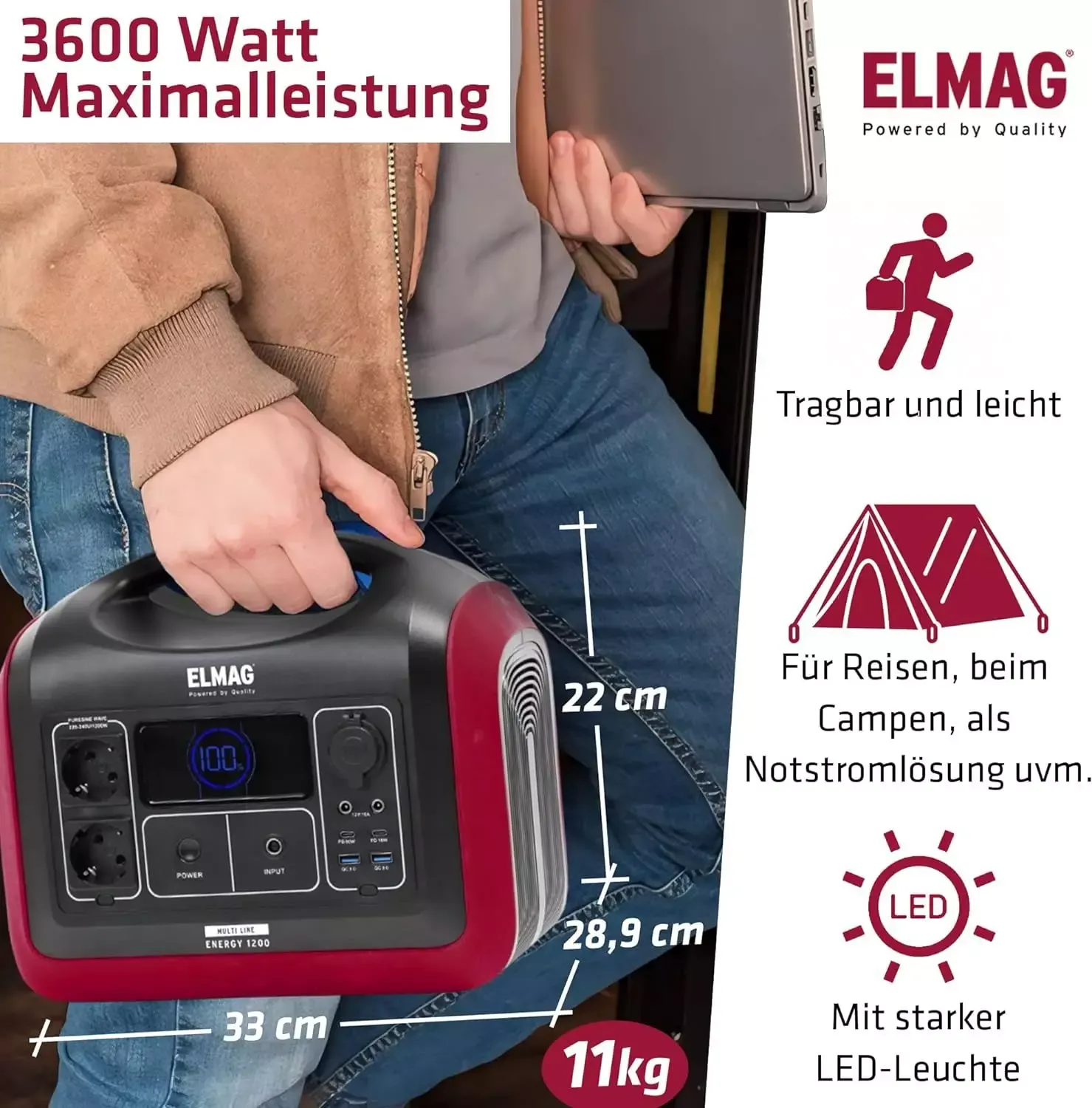 ELMAG Powerstation ENERGY 1200 1200W, LiFEPO4 Akku mit 992Wh
