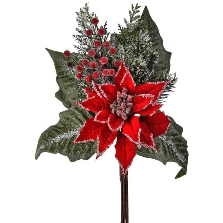 20" Red/White Velvet Poinsettia Berry Pine Pick