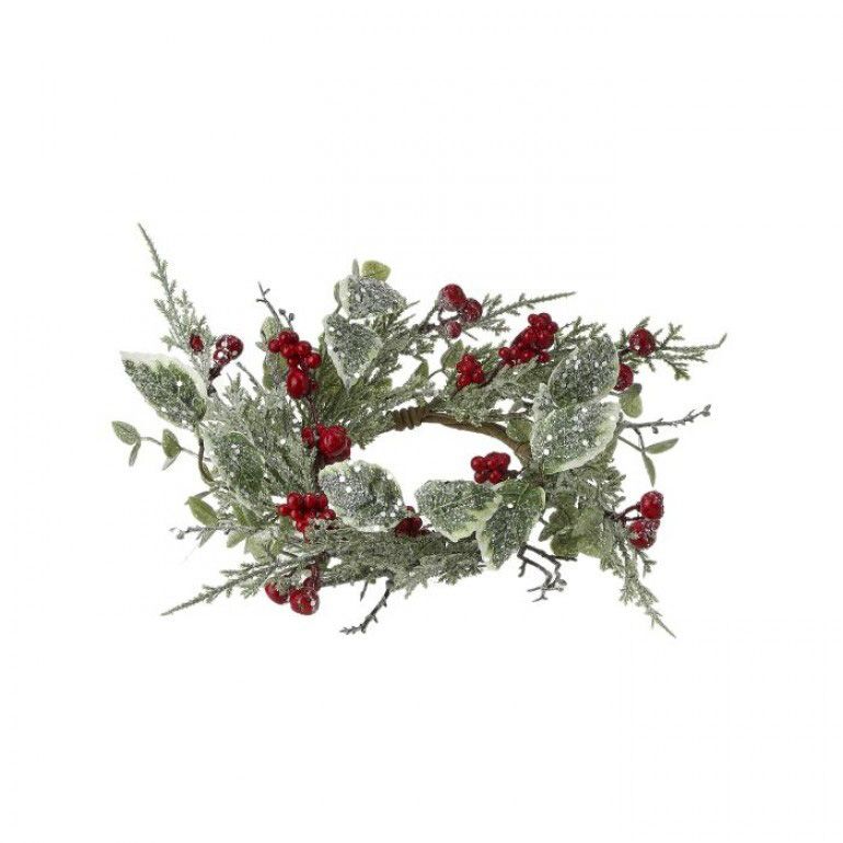 14" Frosted Berry Holly Candle Ring