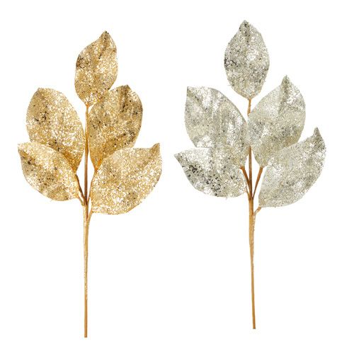 24" Gold or Silver Beaded Metallic Leaf Spray
