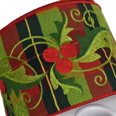 4" x 10yds Christmas Plaid w/ Elegant Embroidered Holly Vines