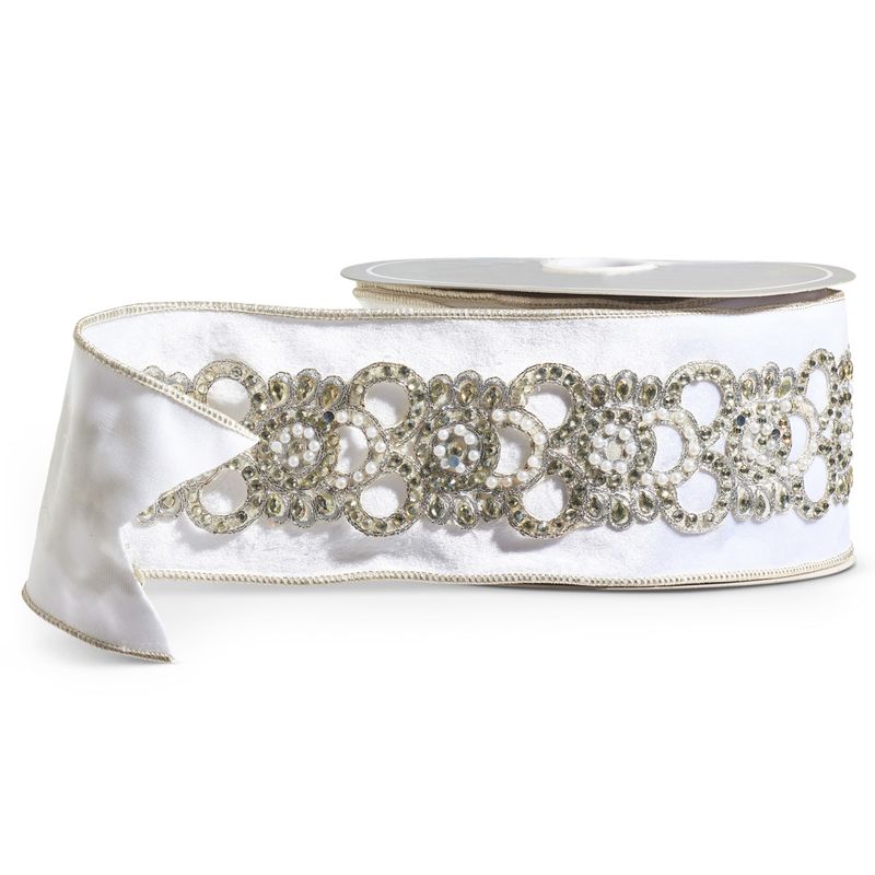 4" x 5yds Velvet Wired with Pearl Embellishments Ribbon